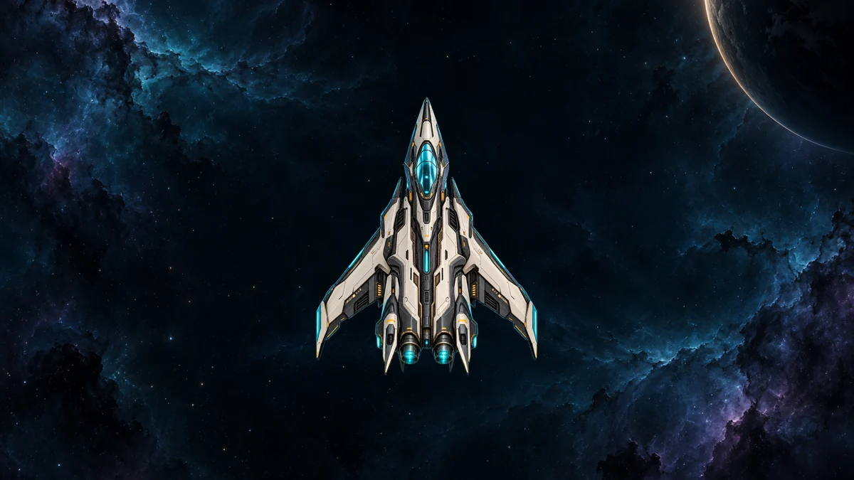 JOMU spaceship artwork against a deep blue starfield; promotional artwork, not a gameplay screenshot